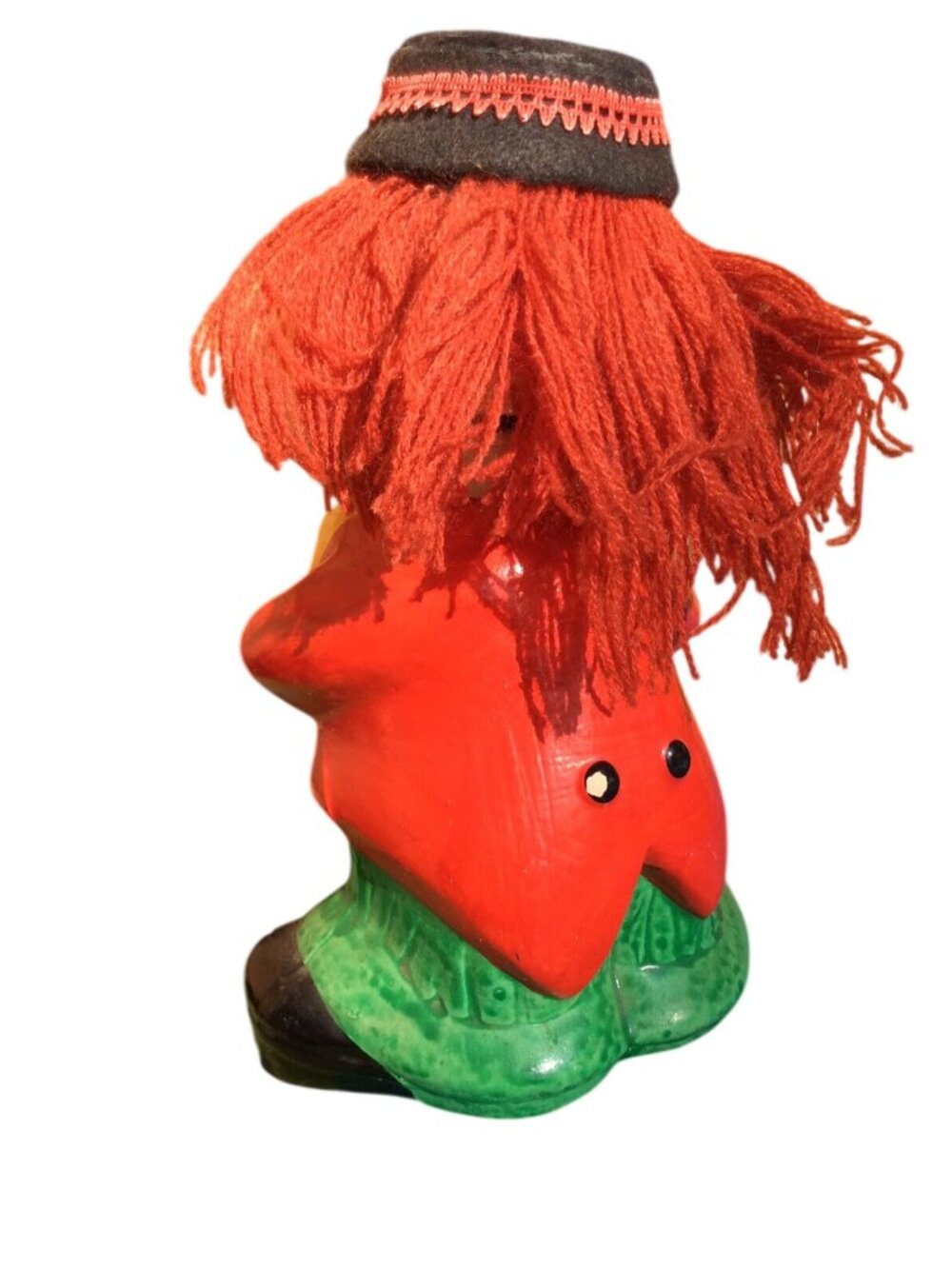 Vintage Ceramic Clown Coin Piggy Bank With Red Yarn Hair & Painted Outfit - Picture 5 of 8